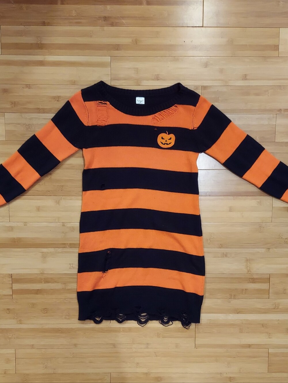 Spirit Halloween Orange and Black Striped Sweater Dress with Pumpkin Embroidery